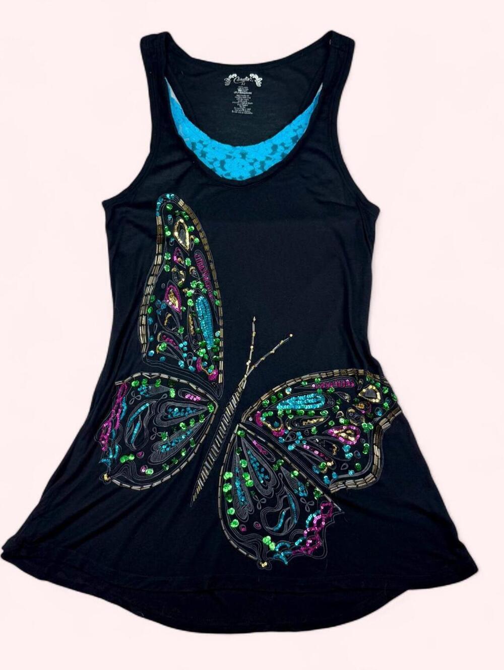 Candie's black tank long top/mini dress with butterfly sequins and beads
